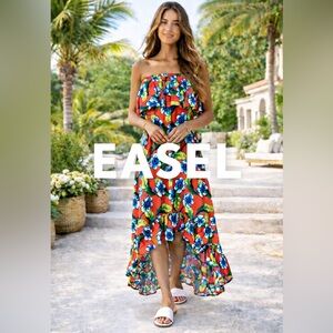 Anthro’s Easel, Vibrant & Romantic,Hi-Low Strapless Dress, Floral Sunset,Size L